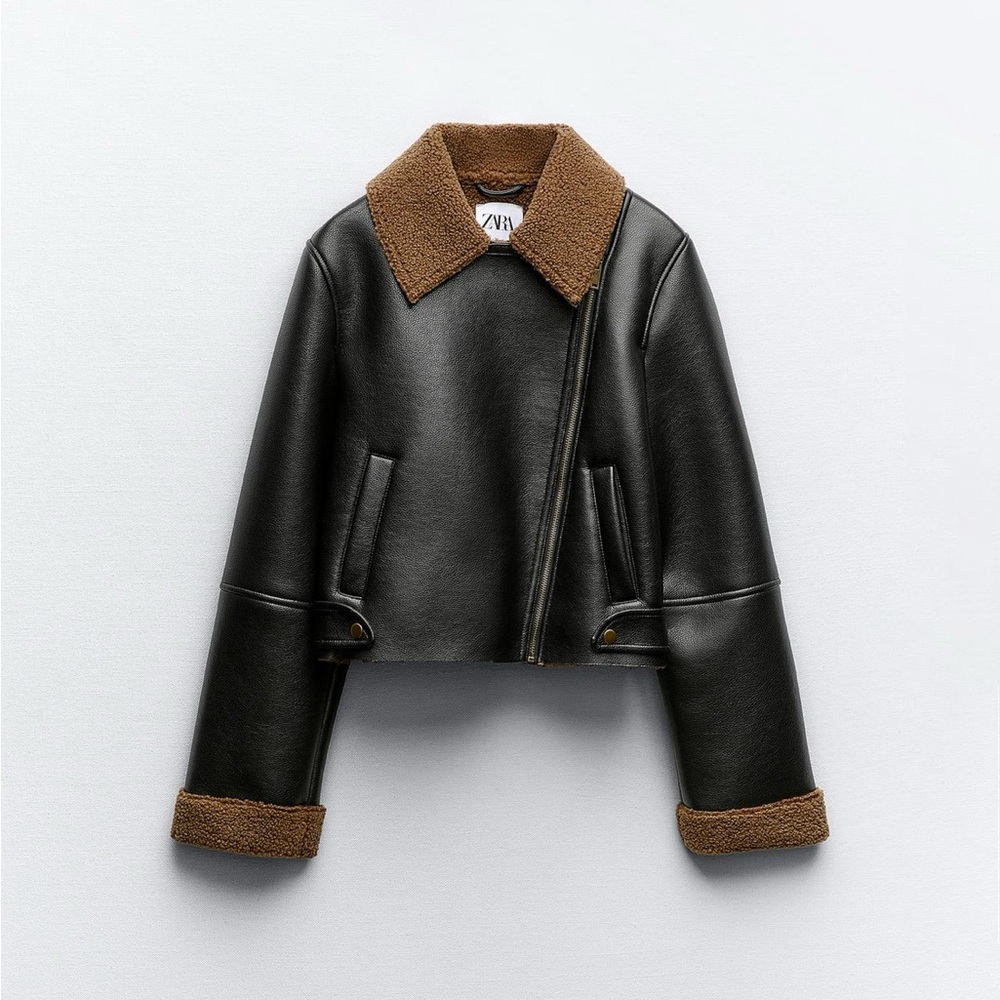 Zara shearling lined leather biker jacket 2949/221